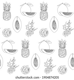 Tropical fruits seamless black and white pattern - hand drawn vector illustration set in line art style. Papaya, pitaya (dragon fruit), coconut, pineapple, pomelo 