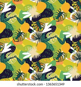 Tropical fruits seamless juicy pattern. Green bright abstract textured vector background. Seamless texture with leaves and foliage.