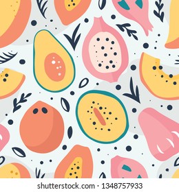Tropical fruits seamless pattern (background, backdrop, texture, surface pattern) - mango, dragon fruit, coconut, avocado, melon.  