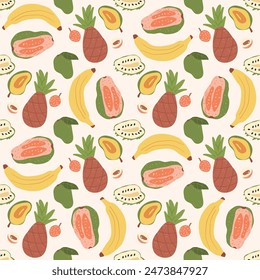 Tropical fruits seamless pattern. Banana, pineapple, guanabana, and mango slices and whole fruit. Vector hand drawn flat illustration.