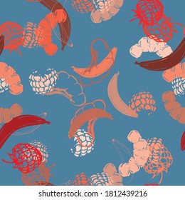 Tropical fruits seamless pattern. Bananas, citrus slices, berries. Vector seamless pattern.

