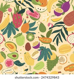 Tropical fruits seamless pattern. Exotic sweet food with foliage endless background. Pineapple, guava, dragonfruits and papaya harvest repeat cover. Vector hand drawn flat illustration.