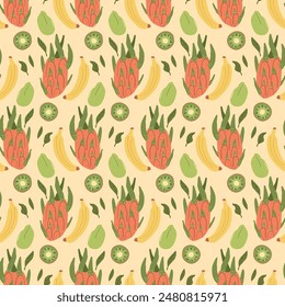 Tropical fruits seamless pattern. Exotic sweet food endless background. Dragonfruit, kiwi, mango, banana repeat cover. Vector hand drawn flat illustration.