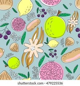 Tropical fruits seamless pattern hand drawn style on blue background. vector illustration of tasty linear berries