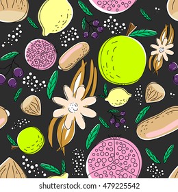 Tropical fruits seamless pattern hand drawn style on black background. vector illustration of tasty linear berries