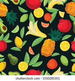 Tropical fruits seamless pattern on a dark background. Randomly scattered, vibrant food: pomegranate, pineapple, lemon, lime, mandarin, banana. Concept: healthy eating. Print for textile, paper Vector