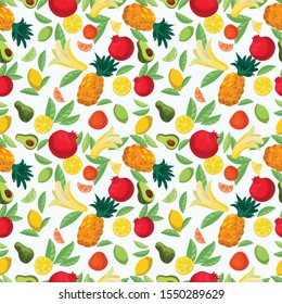 
Tropical fruits seamless pattern on a white  background. Randomly scattered, vibrant food: pomegranate, pineapple, lemon, mandarin, banana. Concept: healthy eating. Print for textile, paper Vector