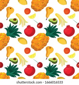Tropical fruits seamless pattern on a white background. Randomly scattered, vibrant food: pomegranate, pineapple, lemon, mandarin, banana. Concept: healthy eating. Print for textile, paper. Vector
