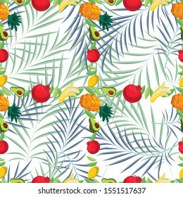 Tropical fruits seamless pattern with palm leaves on a white background.
Pomegranate, pineapple, lemon, lime, banana are located in a line and form squares.
Printing on textile, paper. Vector