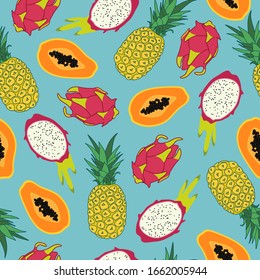 Tropical fruits seamless pattern, pineapple, dragon fruit and, papaya
