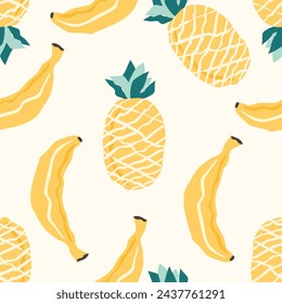 Patrón sin fisuras de frutas tropicales. Papel pintado de verano de piña y plátano