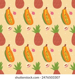 Patrón sin fisuras de frutas tropicales. Piña, papaya, lichi de fondo sin fin. Cubierta de repetición de alimentos dulces exóticos. Vector dibujado a mano ilustración plana.
