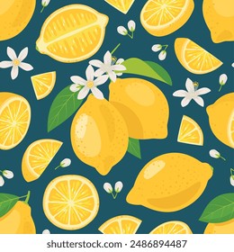Tropical fruits seamless pattern. Repeated fresh fruits, flowers, leaves and twigs, cut and whole citrus, yellow lemon, wrapping paper, wallpaper, textile design, cartoon vector background