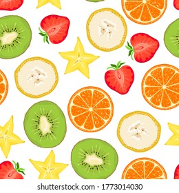 Tropical fruits seamless pattern. Slices of orange, banana, kiwi, strawberries and carambola on a white background. Vector illustration in cartoon flat style.