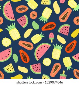 Tropical fruits seamless pattern, vector wallpaper, bright textile print