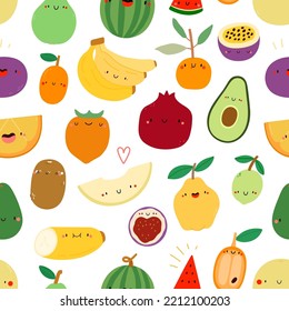 Tropical fruits seamless pattern. Vector texture with exotic hand drawn fruits - banana, pomegranate, melon, watermelon, fig, kumquat, avocado, lime, orange. Cute background with food characters