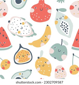 Tropical fruits seamless pattern. Vector cartoon colorful background with cute smiling fruit characters in simple hand-drawn style. Pastel trendy colors on a white background. Ideal for kids