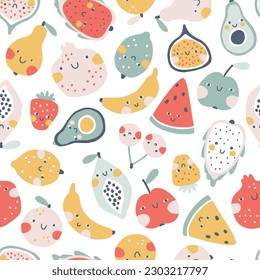 Tropische Früchte nahtlos Muster. Vektorgrafik auf buntem Hintergrund mit süßen, lächelnden Obstfiguren in einfachem handgezeichnet Stil. Pastellfarben, trendig und auf weißem Hintergrund. Ideal für Kinder