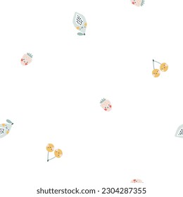 Tropical fruits seamless pattern. Vector cartoon colorful background with cute smiling fruit characters in simple hand-drawn style. Pastel trendy colors on a white background. Ideal for kids