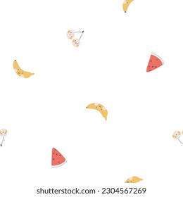 Frutos tropicales sin fisuras. Caricatura vectorial de fondo colorido con personajes de la fruta sonrientes lindos en un sencillo estilo dibujado a mano. Pega colores de moda sobre un fondo blanco. Ideal para los niños