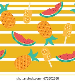 Tropical fruits seamless pattern vector. Pineapple, watermelon e lemon popsicle on stripes background.
