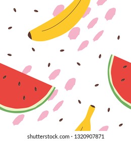 Tropical fruits seamless pattern, watermelon and banana illustration