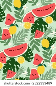 Frutas tropicais padrão sem costura limões de melancia e folhas tropicais projeto de composição para impressões têxteis. Ilustração vetorial.