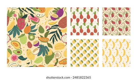 Tropical fruits seamless patterns collection. Dragonfruit, banana and papaya, guanabana endless background set. Guava, lychee and pineapple repeat covers. Vector flat hand drawn illustration.