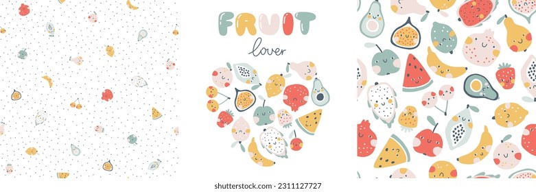 Tropical fruits seamless patterns set and composition in the heart template. Fruit lover. Vector cartoon background. Smiling fruit characters in simple hand-drawn style. Pastel trendy colors