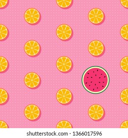Tropical fruits seamless vector pattern with sliced oranges and watermelon. Cute summer fruit background