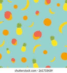 Tropical fruits seamless vector pattern (banana, mango, ananas, orange). Eps8.