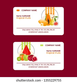 Tropical fruits set of business cards vector illustration. Exotic summer products such as mangosteen, mango, kiwi, pear, watermelon. Flowers with leaves. Halves and whole fruits. Contacts.