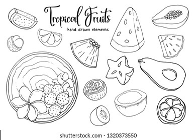 Tropical fruits set. Doodles vector illustration. Design elements. Carambola, lychee, kiwi, papaya, watermelon, rambutan, coconut, kumquat, grapefruit, loganberry, dragon, avocado, passion.