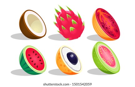 Tropical Fruits Set, Dragon Fruit, Coconut, Watermelon, Guava, Longan Vector Illustration.