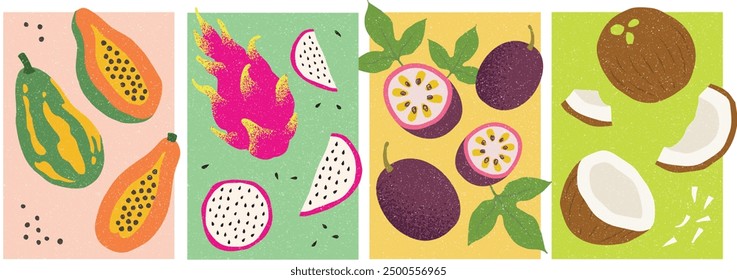 Tropical fruits: set of hand-drawn tropical fruit illustrations: papaya, dragon fruit, passion fruit and coconut.