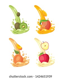 tropical fruits set kiwi mango apple peach fruit splashes on white background vector illustration