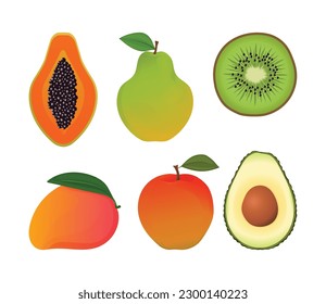 Tropical fruits set. Mango and papaya, avocado and kiwi as well as pear and apple icons