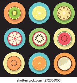Tropical fruits set on black background. Flat design fruits set. Fruits icons. 