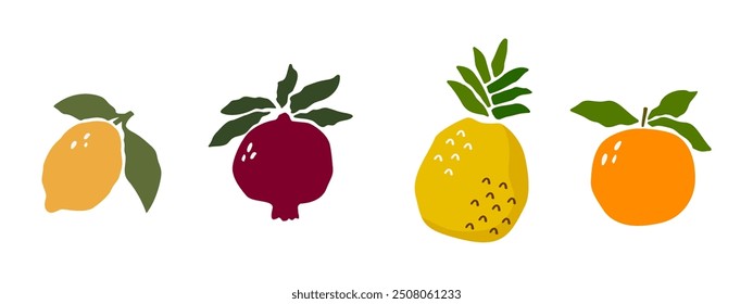 tropical fruits set paper cut style Matisse isolated on white background. lemon, pomegranate, pineapple, orange