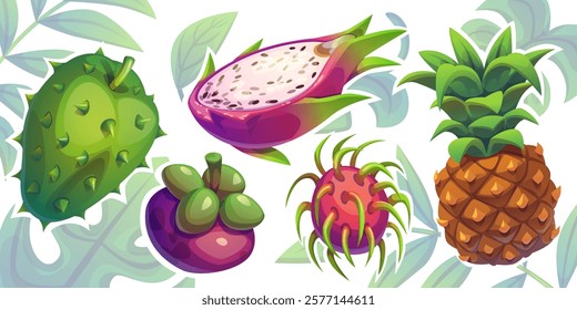 Tropical fruits set with spiky soursop, sliced dragon fruit, purple mangosteen, red rambutan and ripe pineapple. Exotic organic collection with green foliage background for natural food illustrations.