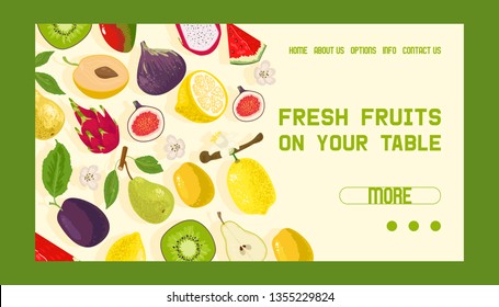 Tropical fruits shop banner web design vector illustration. Exotic summer products such as mangosteen, kiwi, dragonfruit, watermelon. Halves and whole fruits. Fresh fruits on your table.