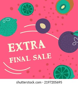 Tropical fruits shop store, extra sale limited time offer. Final offer for clients and customers of market. Exotic natural products and ingredients for cooking. Kiwi and plum. Vector in flat style