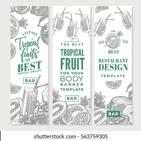 Tropical fruits sketch vertical banners with exotic healthy products and fresh juices vector illustration