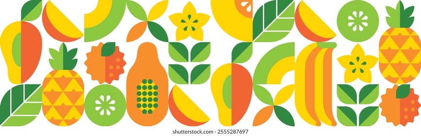 Tropical fruits and slices.Abstract geometric seamless pattern.Set of vector icons in simple flat bauhaus style.Elements isolated on a white background.Papaya, mango, mangosteen, lychee, banana.