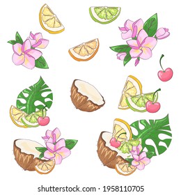 Tropical fruits stickers pack. Coconut cocktail with exotic flowers. Fruit slice, orange, lemon