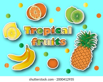 Tropical fruits stickers set. Pineapple, banana, lemon, lime, orange, tangerine. Vector illustration.