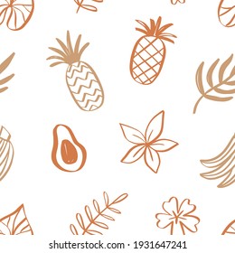Tropical fruits summer seamless pattern. Hawaiian exotic background with hand drawn pineapple, avocado, flowers, retro trendy texture, textile, fabric, sportswear, vector illustration. Warm colours
