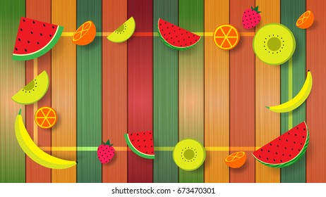 Tropical fruits with summer,spring sale banner on colorful wooden texture background.Vector illustration.