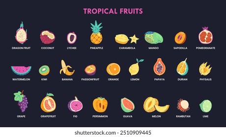 Frutas tropicais com títulos de coleção vetorial no fundo escuro.