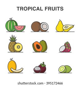 Tropical fruits vector icons made in line art style.